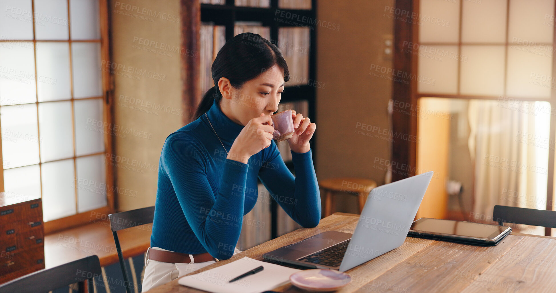 Buy stock photo Laptop, tea or Asian woman in home office thinking of remote work, research or website. Coffee, female author or creative freelancer drinking beverage campaign, ideas or publishing review in Japan