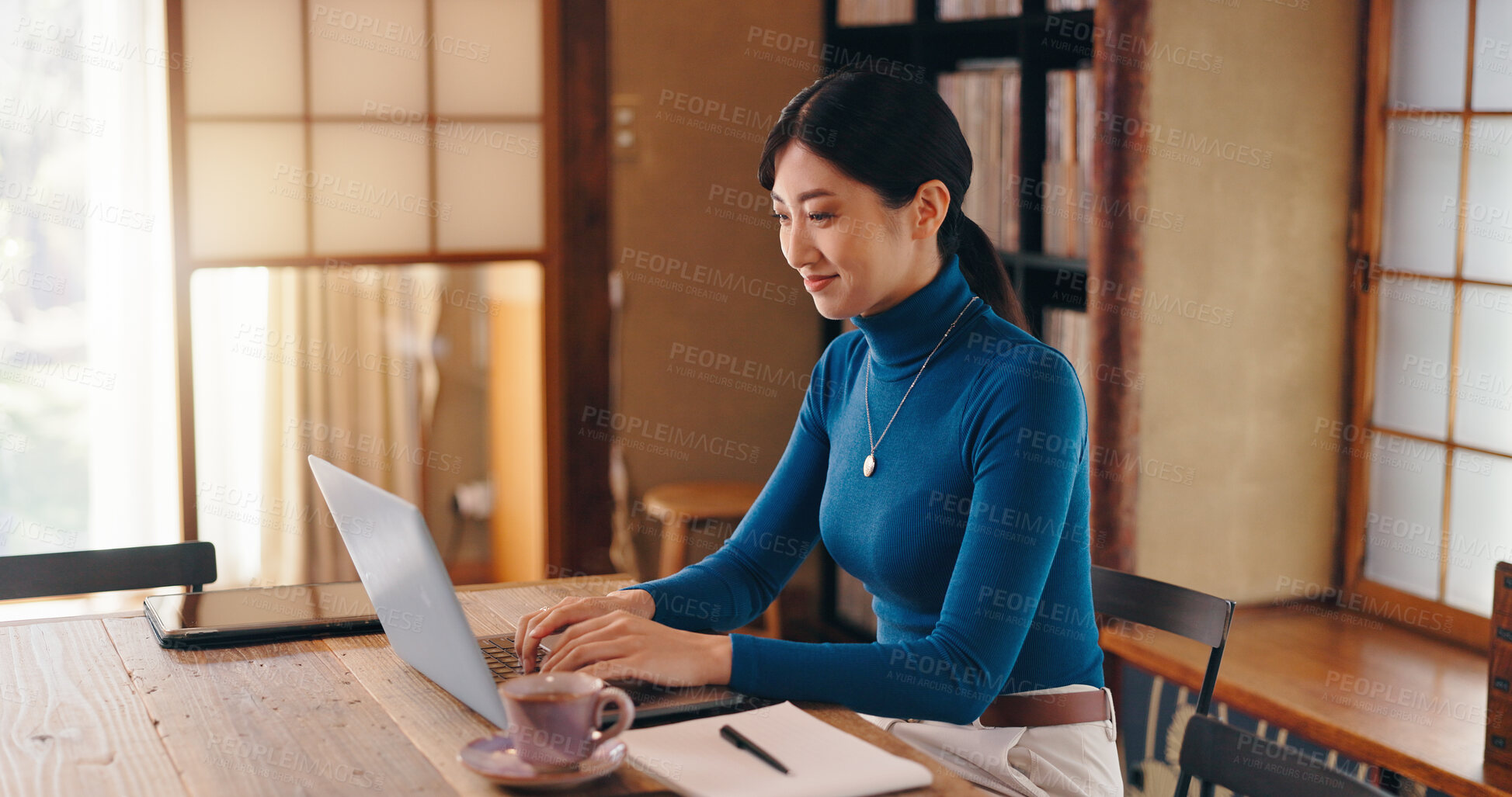 Buy stock photo Laptop, author or Asian woman in home office typing of remote work, research or website. Report, female writer or creative freelancer editing online for campaign, blog or publishing review in Japan