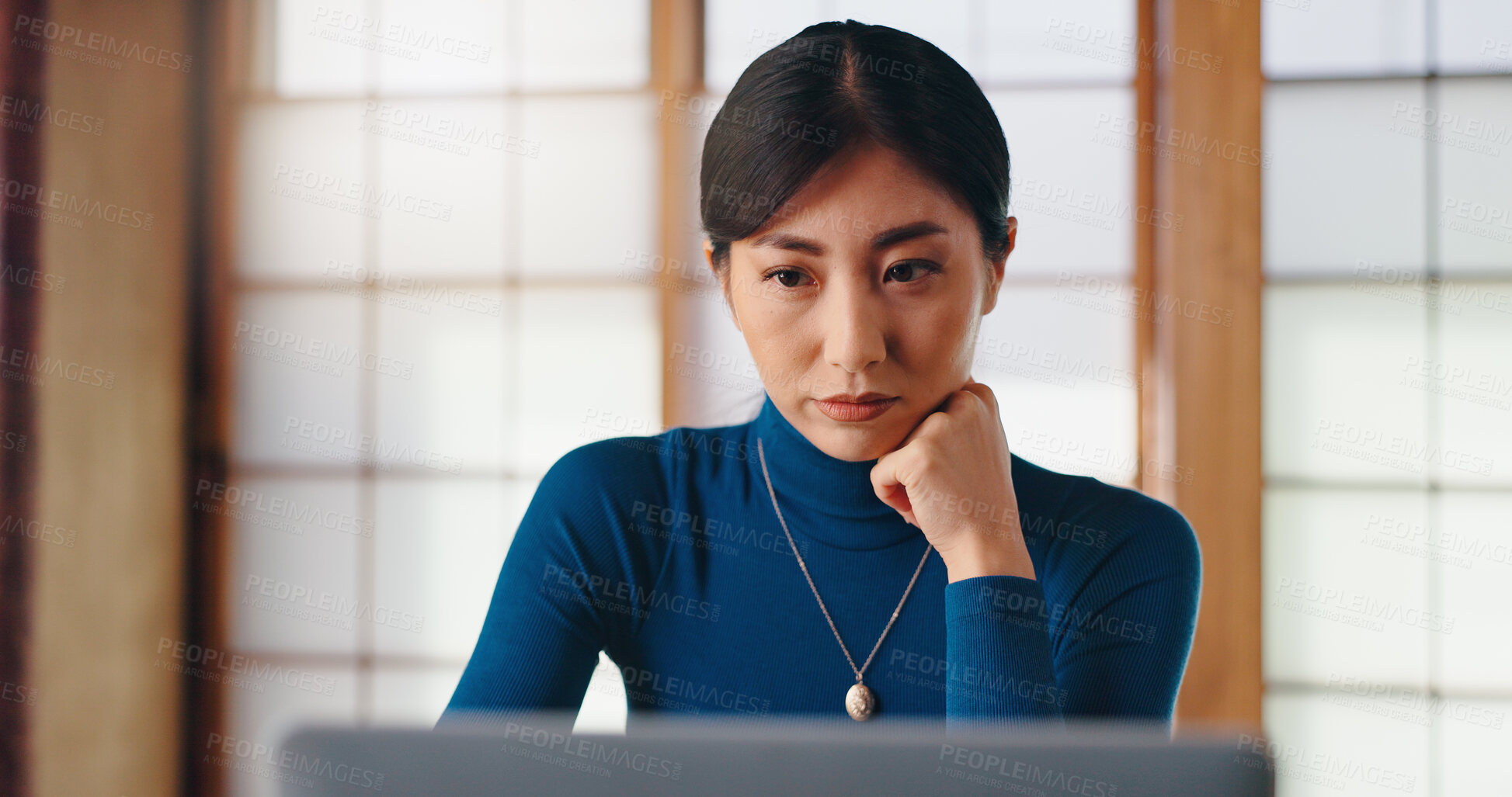 Buy stock photo Laptop, writer or Asian woman in home office for reading remote work, research or website. Report, female author or freelancer editing article online for campaign, blog or publishing review in Japan