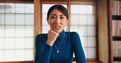 Buy stock photo Video call, remote work and portrait of Asian woman in home for conversation, online chat and virtual meeting. Freelance, professional and person for communication, discussion and talking in Japan