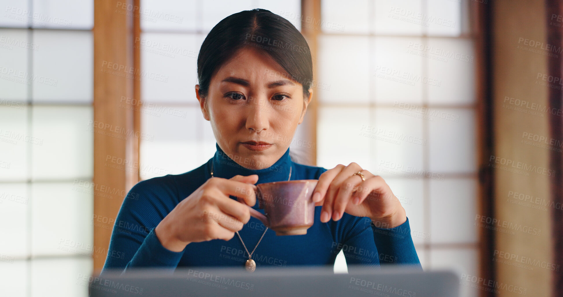 Buy stock photo Laptop, tea or Asian woman in home office reading for remote work, research or website. Coffee, author or creative freelancer drinking beverage for campaign, editing or publishing review in Japan