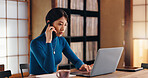 Phone call, communication and Asian woman with laptop, home office and discussion with client or copy editor. House, freelancer and talking with contact for proofreading, serious or creative in Japan