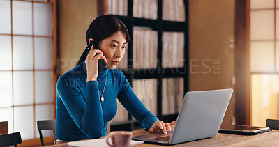 Buy stock photo Phone call, communication and Asian woman with laptop, home office and discussion with client or copy editor. House, freelancer and talking with contact for proofreading, serious or creative in Japan