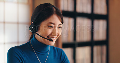 Buy stock photo Customer service, headset or Asian woman in call center or home office for international technical support. Smile, translator and agent in remote work for talking or multilingual translation in Japan