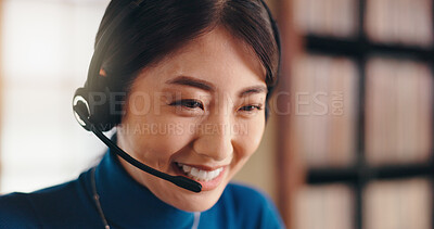 Buy stock photo Customer service, business or Asian woman in call center or home office for international technical support. Happy, translator or agent in remote work for talking or multilingual translation in Japan