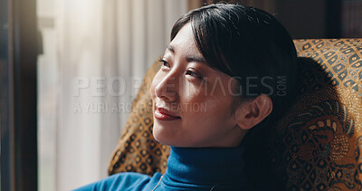 Buy stock photo House, relax and woman on sofa, thinking and calm with weekend break in living room. Japanese person, apartment and girl on couch, resting and comfortable with peace, ideas and thoughtful with wonder