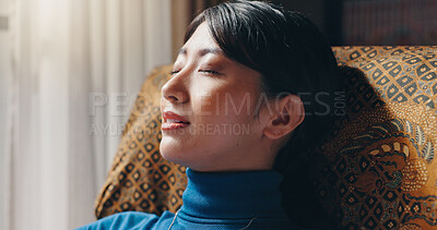 Buy stock photo House, resting and woman on sofa, sleeping and calm with weekend break in living room. Japanese person, apartment and girl on couch, comfortable and peaceful with afternoon nap, relax and dreaming