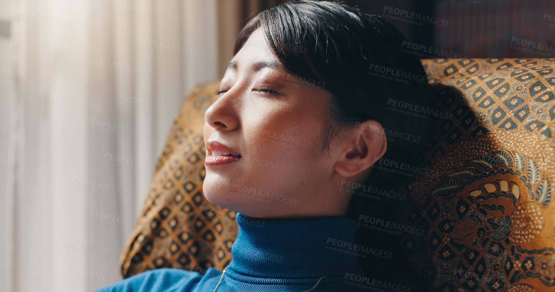 Buy stock photo House, resting and woman on sofa, sleeping and calm with weekend break in living room. Japanese person, apartment and girl on couch, comfortable and peaceful with afternoon nap, relax and dreaming