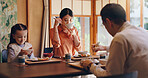 Japan, house and family with food, girl and parents with healthy meal, protein and lunch. Apartment, mother and father with daughter, Asian cuisine and wellness with nutrition, eating and traditional