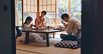 Japan, house and family with food, bow and parents with healthy meal, gratitude and lunch. Apartment, mother and father with girl, Asian cuisine and wellness with nutrition, eating and thank you