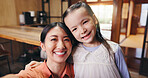 Selfie, hug and mother with child, smile and bonding together with happiness, love and cheerful in home. Japanese family, parent and portrait with girl, embrace and joyful care with comfort in house