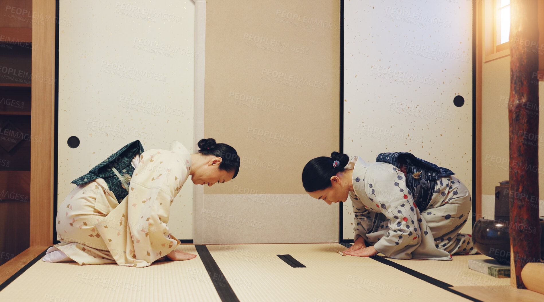 Buy stock photo Tea room, bow and women with welcome, wellness and traditional kimono for culture. Japanese ceremony, guest and hostess with cultural outfit for matcha drink, process and respect for home hospitality