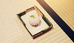 Above, ceremony and sweet snack with wagashi on tatami floor for traditional, serving and delicacy. Japanese, wellness and culture with chakaiseki in chashitsu room for season, event and Hatsugama