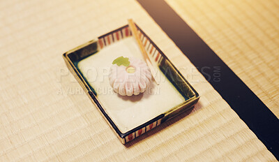 Buy stock photo Above, ceremony and sweet snack with wagashi on tatami floor for traditional, serving and delicacy. Japanese, wellness and culture with chakaiseki in chashitsu room for season, event and Hatsugama