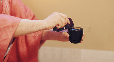 Buy stock photo Japan, person or hands with cloth for tea ceremony, tradition or culture with scent, essence or aroma at home. Closeup, hostess and incense smell with fabric for traditional matcha, ritual or Chanoyu