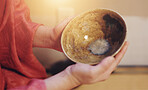 Hands, japanese bowl and tea ceremony preparation for cultural hospitality, custom utensil and heritage. Closeup, person and empty ceramic chawan for traditional ritual and matcha drink process