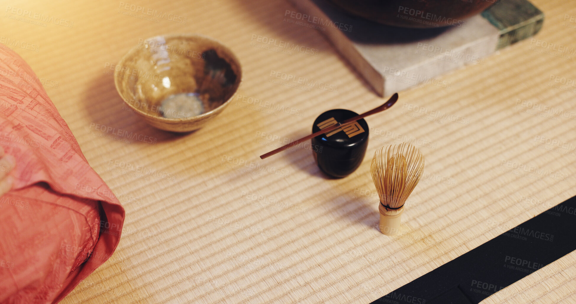 Buy stock photo Japan, culture and tea ceremony tools on tatami mat with ceramic bowl, brush and cup on bamboo. Whisk, container and traditional matcha drink equipment for purity, respect and tranquility in harmony