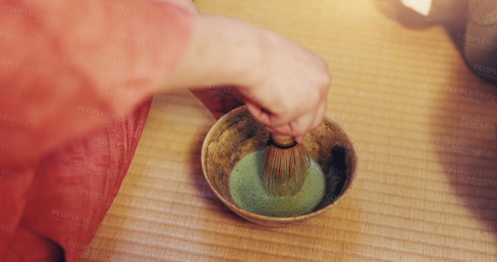 Buy stock photo Hands, Japanese and green tea as ceremony for culture, heritage and respect as traditional beverage. Person, matcha and powder with drink, preparation and hospitality for practice or welcome in home