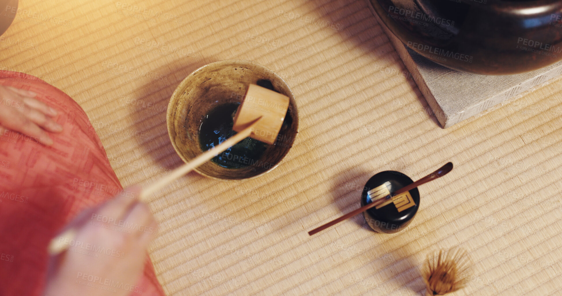 Buy stock photo Hands, Japanese and matcha as ceremony for culture, heritage and respect as traditional beverage. Person, green tea and organic with drink, preparation and hospitality for practice or welcome in home