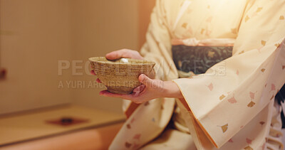 Buy stock photo Hands, hostess and woman with bowl, chawan and traditional kimono for tea ceremony. Japanese ritual, spirituality and mindfulness with cultural outfit for matcha drink, respect and home hospitality