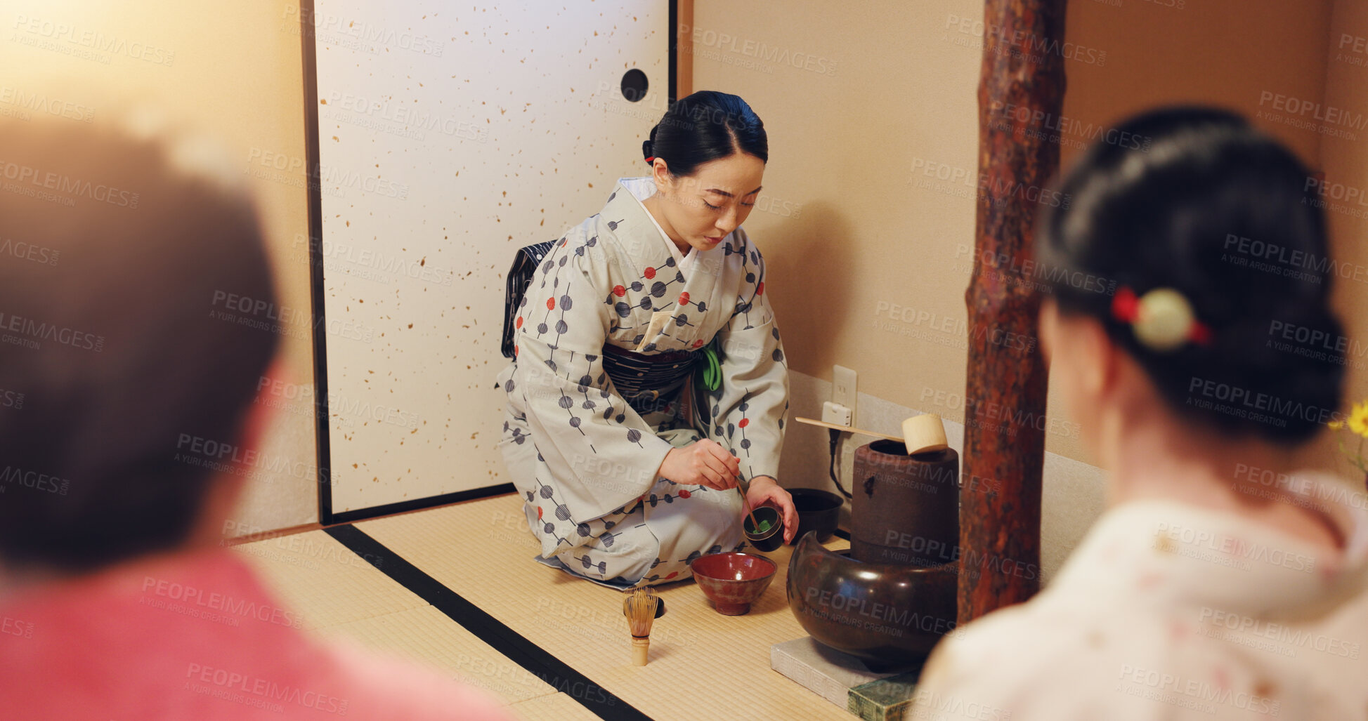 Buy stock photo Japanese woman, tea ceremony and matcha preparation for respect, cultural hospitality or heritage. Traditional ritual, guests in kimono and green powder for herbal beverage process or custom practice