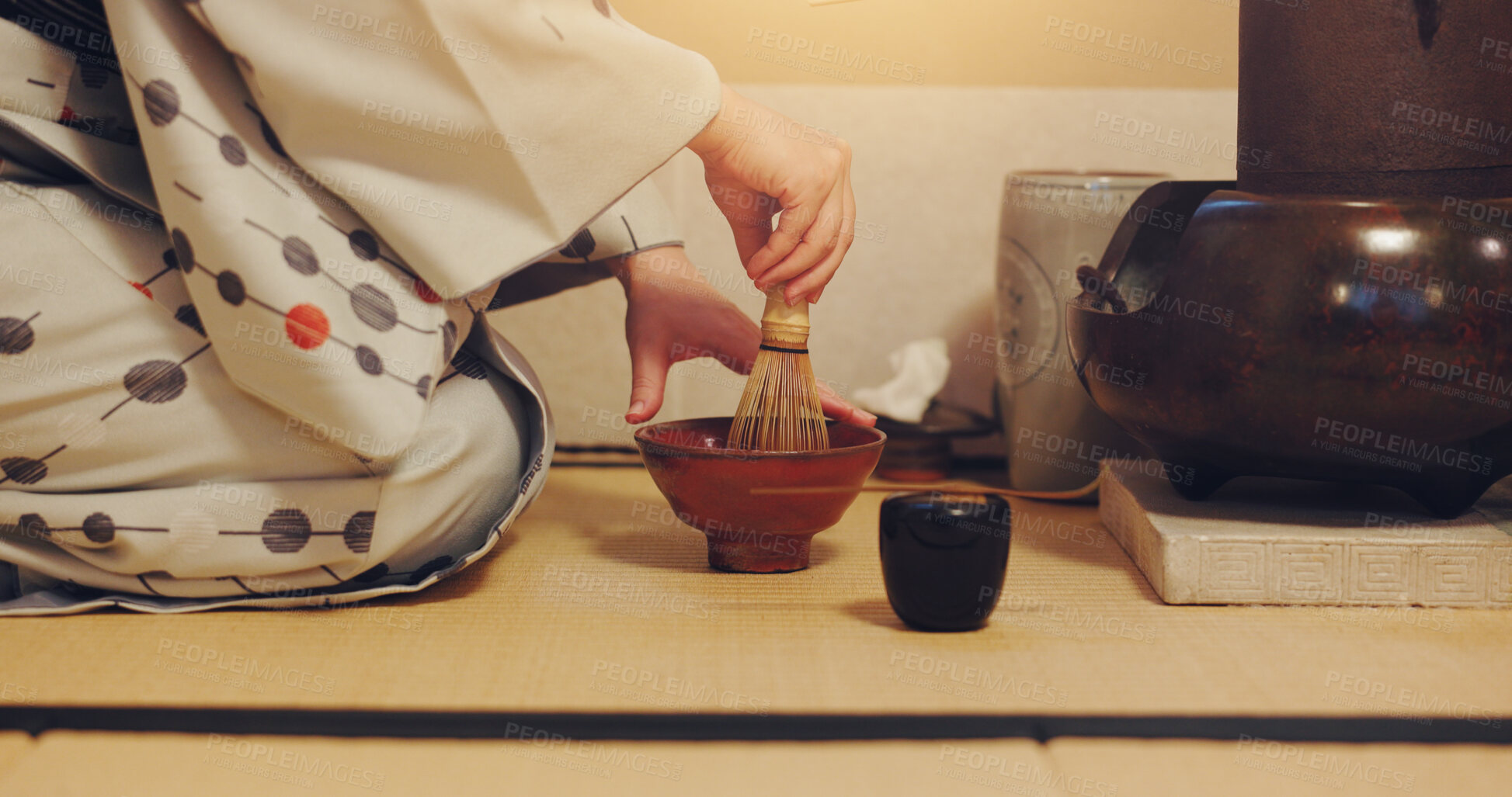 Buy stock photo Hands, Japanese and tea ceremony for culture, heritage and respect as traditional beverage. Person, matcha and celebration as healthy drink, preparation or hospitality for practice or welcome in home