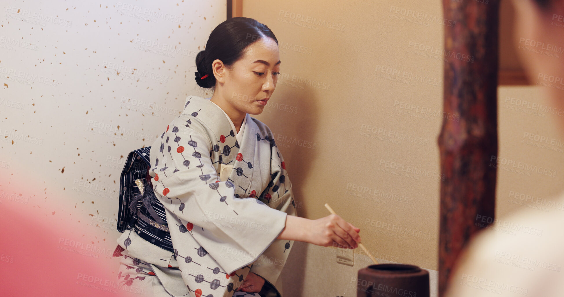 Buy stock photo Japanese woman, tea ceremony and preparation for matcha drink, cultural hospitality or heritage in chashitsu. Traditional ritual, person and beverage process for guests with custom practice in kimono