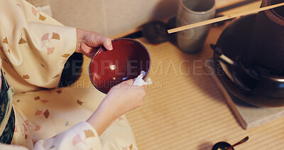 Buy stock photo Traditional, cleaning and ceremony for Japanese tea, preparing and bowl for matcha, hands and indigenous. Home, ritual and process for ocha, hygiene and person with cup, disinfection and Japan