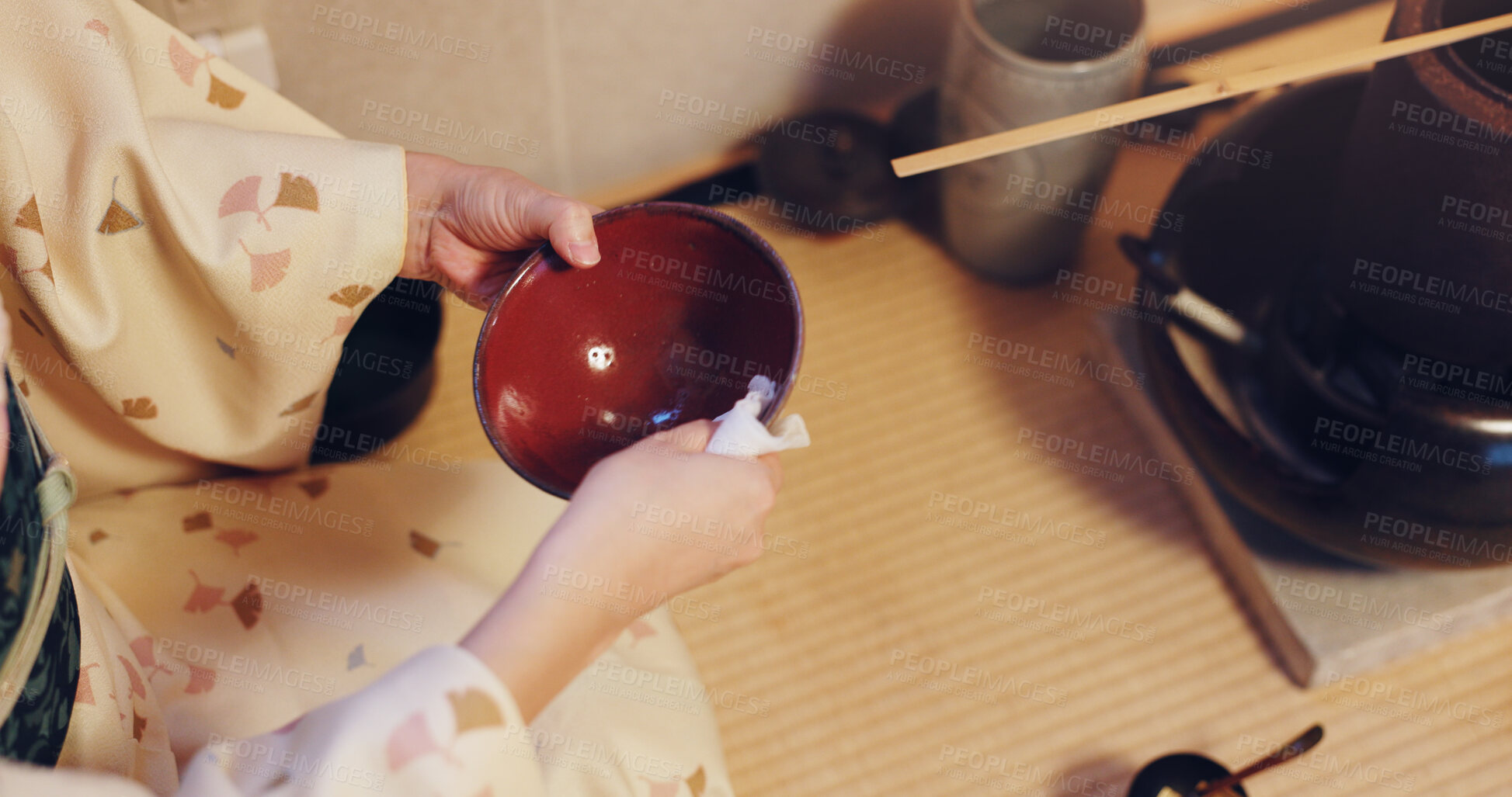 Buy stock photo Traditional, cleaning and ceremony for Japanese tea, preparing and bowl for matcha, hands and indigenous. Home, ritual and process for ocha, hygiene and person with cup, disinfection and Japan