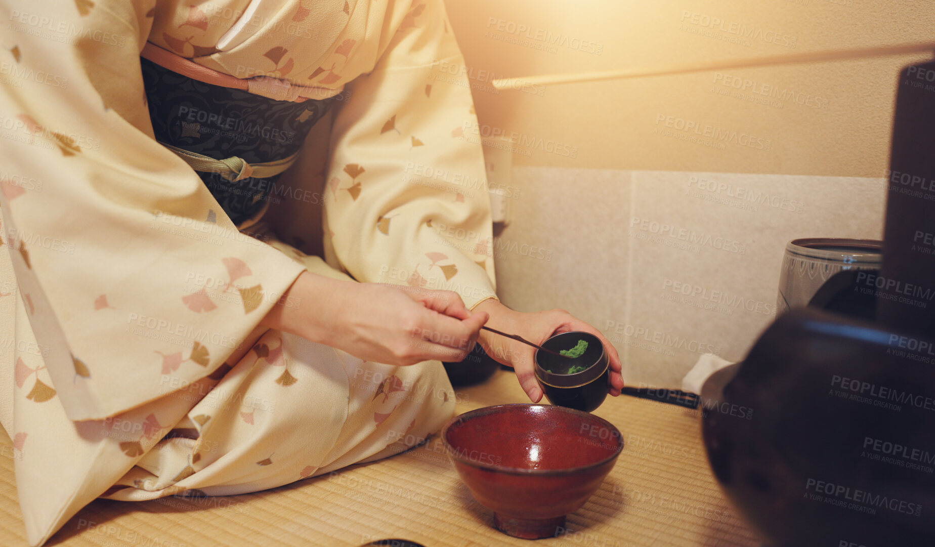 Buy stock photo Hands, japanese ceremony and green tea preparation for healthy drink, cultural hospitality and heritage. Traditional ritual, person and matcha powder for herbal beverage process and custom practice