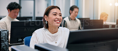 Buy stock photo Japanese woman, smile and thinking of business ideas,  future vision or dream in creative startup. Happy, computer or worker with reflection, planning or journalist with inspiration for news article