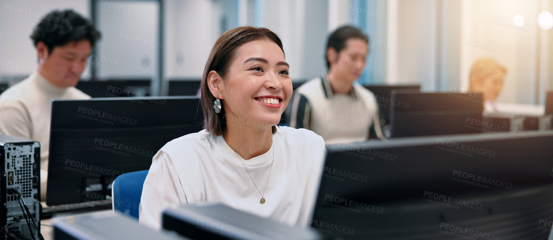 Buy stock photo Japanese woman, smile and thinking of business ideas,  future vision or dream in creative startup. Happy, computer or worker with reflection, planning or journalist with inspiration for news article