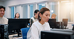 Japanese people, business and computer with office, connection or communication as virtual assistant. Woman, coworking and technology for database, customer service or technical support in consulting