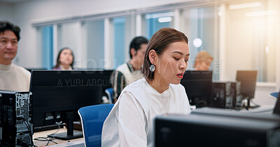 Buy stock photo Japanese people, business and computer with office, connection or communication in website support. Woman, coworking and tech for troubleshooting, online database or email as cybersecurity consultant