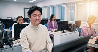 Buy stock photo Business people, computer and man with internet, connection and professional. Japan, journalist and consultant in workplace, technology and email with website info, research for article and coworking