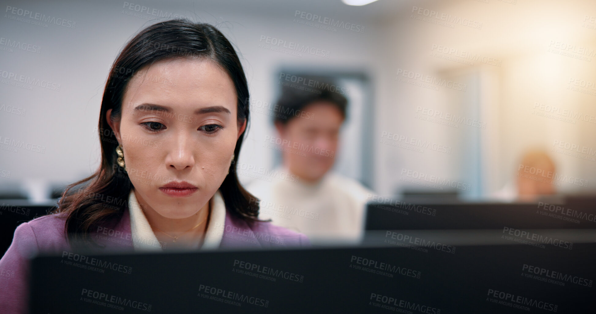 Buy stock photo Japanese woman, business and computer for reading email, concentration or serious in creative startup. Asian person, office and working on report, news publication or journalist proofreading article