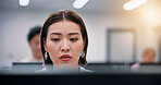 Serious woman, business and computer for reading, planning or thinking in creative startup. Japanese person, office and inspiration for project, news publication and journalist proofreading article