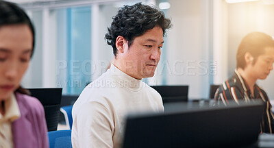 Buy stock photo Japanese, businessman and computer with trading, connection and communication for stock market. People, coworking and tech for investment portfolio, economy or job as financial consultant in company