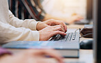 Hands, keyboard and typing on computer in office as employee, professional and virtual assistant. Person, coworking and online for database, customer service or technical support for company in Japan