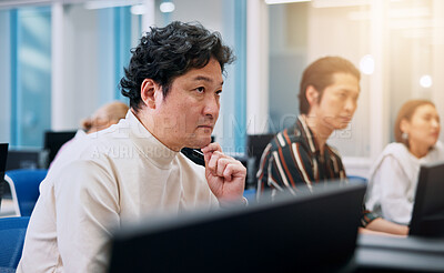 Buy stock photo Japanese, businessman and computer with thinking, connection and communication as stocks trader. Group of people, coworking and tech for investment portfolio, economy or ideas as financial consultant