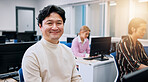 Portrait, man and business people in office, computer and smile with career ambition. Japan, employees and group with consultant, technology and internet with website information and connection