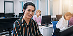 Portrait, man and business people in workplace, computer and smile with connection. Japan, employees and group with consultant, technology and internet with website info, network and career ambition