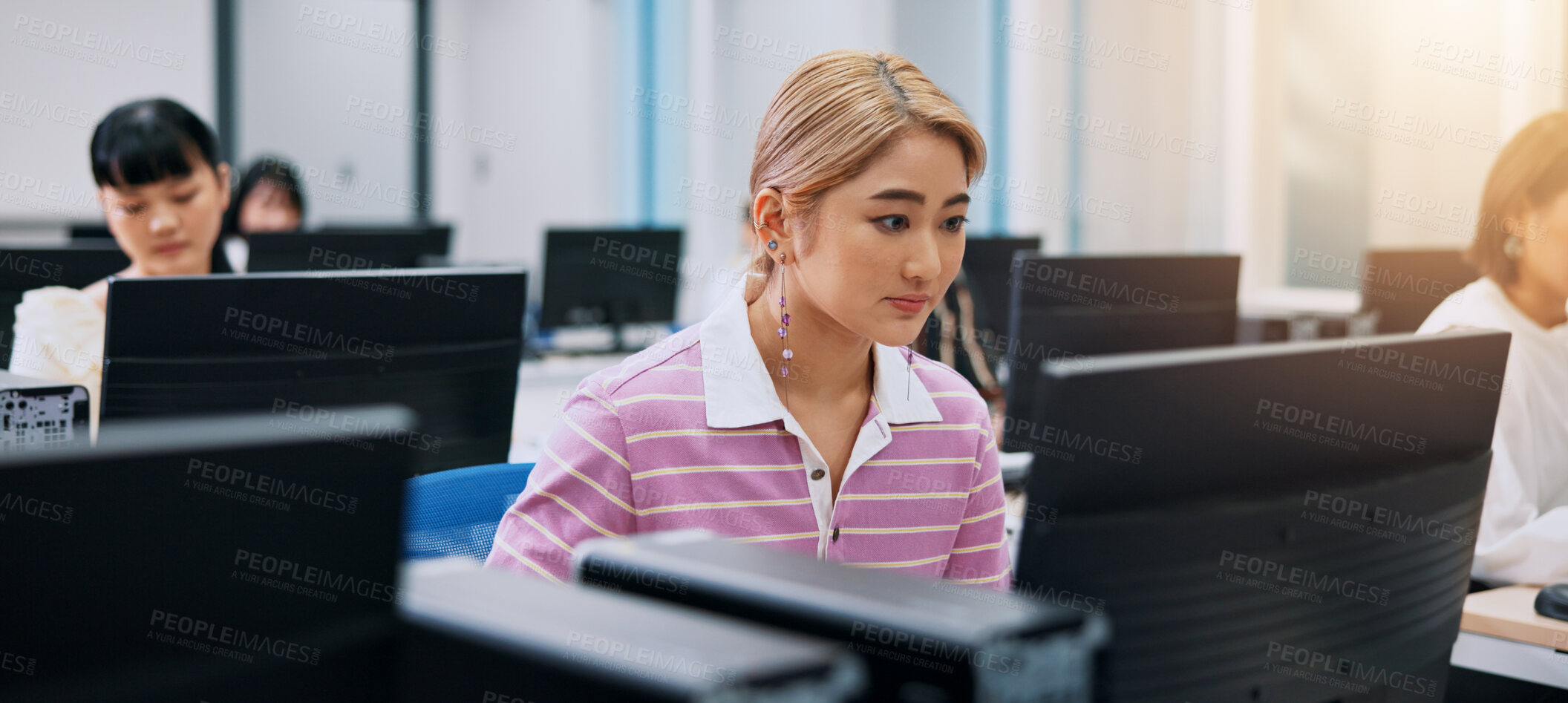 Buy stock photo Japanese woman, business and computer with trading, connection and communication on stock market. People, coworking and technology for investment portfolio, economy and career as financial consultant