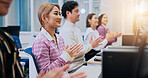 Business people, workshop and applause with computer, listening and corporate training. Employees, clapping and coworking in office, pc and development for software skills, web designing or Japan
