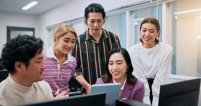 Buy stock photo People, tablet and meeting in office for feedback, business development and campaign planning for growth. Japanese team, coworkers and tech in consulting agency for problem solving, advice and review