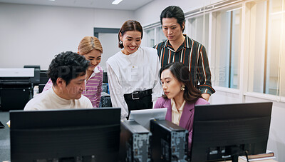 Buy stock photo People, tablet or meeting in office for review, business development or positive feedback for growth. Japanese coworkers, happy or tech in consulting agency for problem solving, advice or opportunity