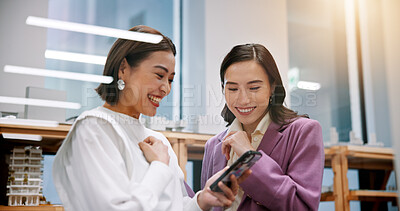 Buy stock photo Collaboration, funny and tablet with business women in office for creative, design or web development. Feedback, laughing and teamwork with Japanese employee people in workplace for discussion