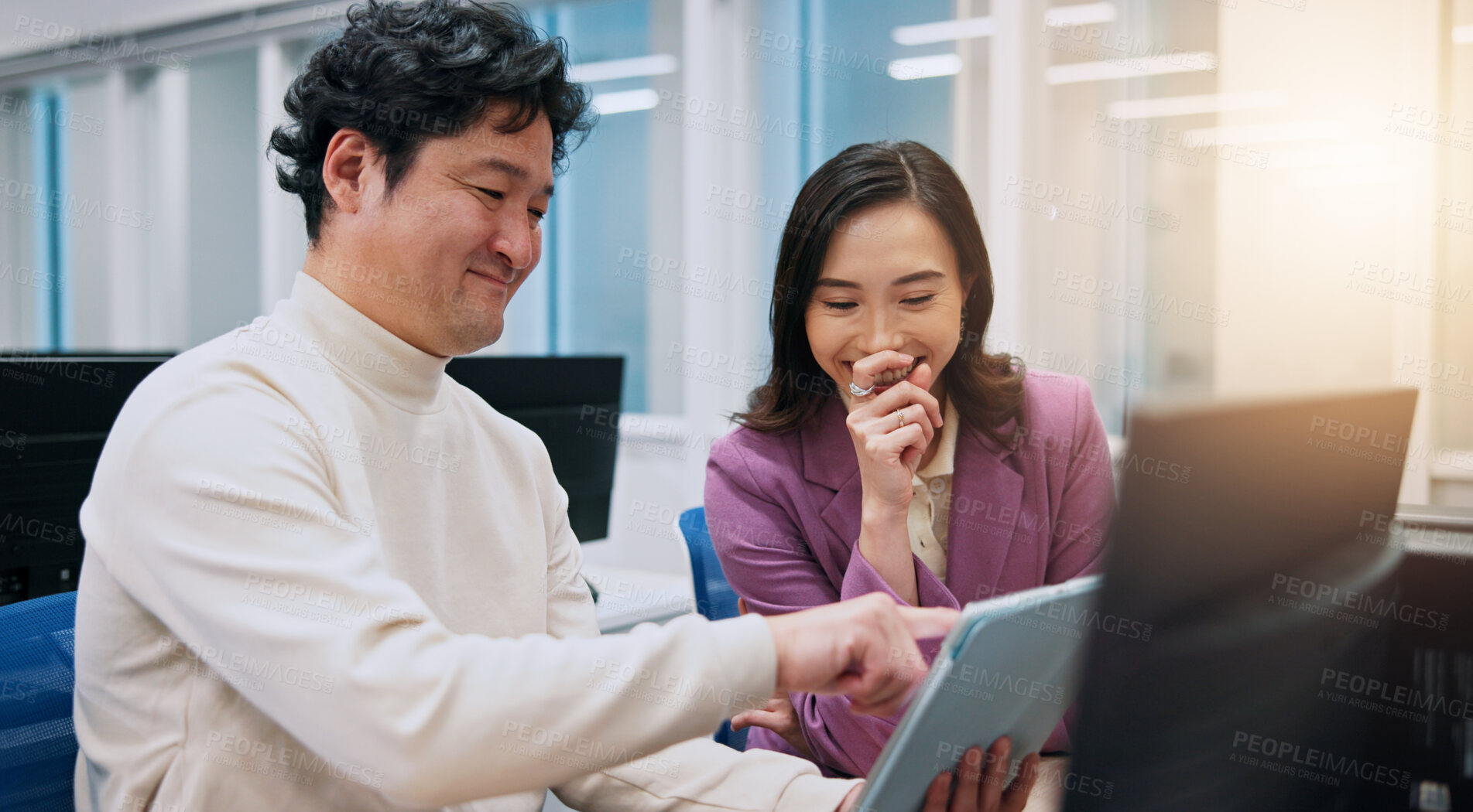 Buy stock photo Laughing, pointing and tablet with business women in office for creative, design or web development. Collaboration, feedback or funny with Japanese man and woman in workplace for online review