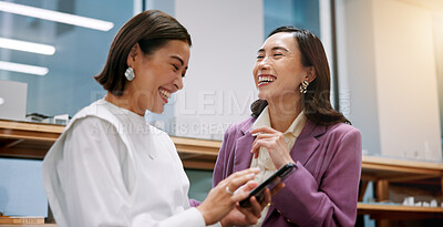 Buy stock photo Collaboration, laughing and tablet with business women in office for creative, design or web development. Feedback, funny and teamwork with Japanese employee people in workplace for discussion