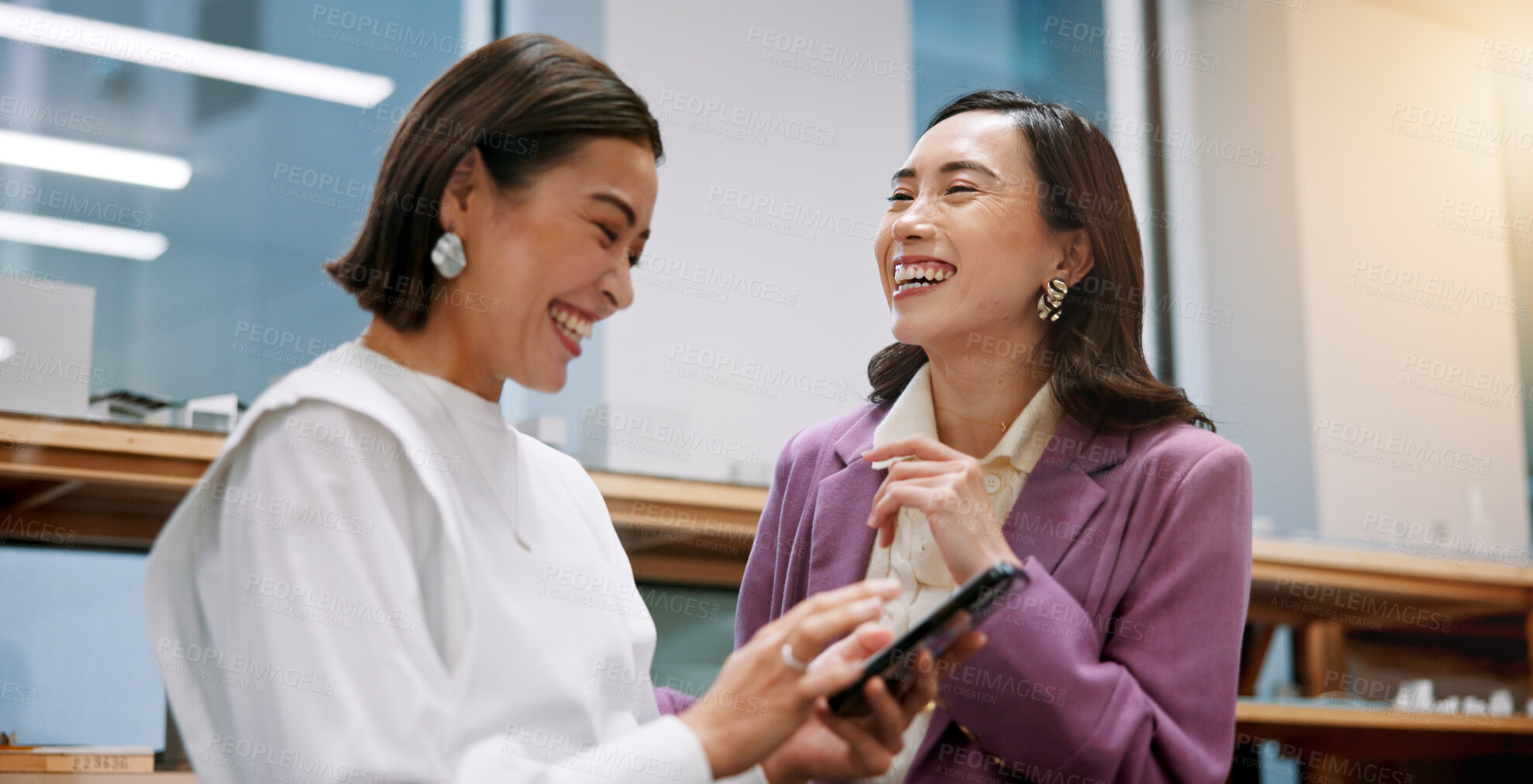 Buy stock photo Collaboration, laughing and tablet with business women in office for creative, design or web development. Feedback, funny and teamwork with Japanese employee people in workplace for discussion